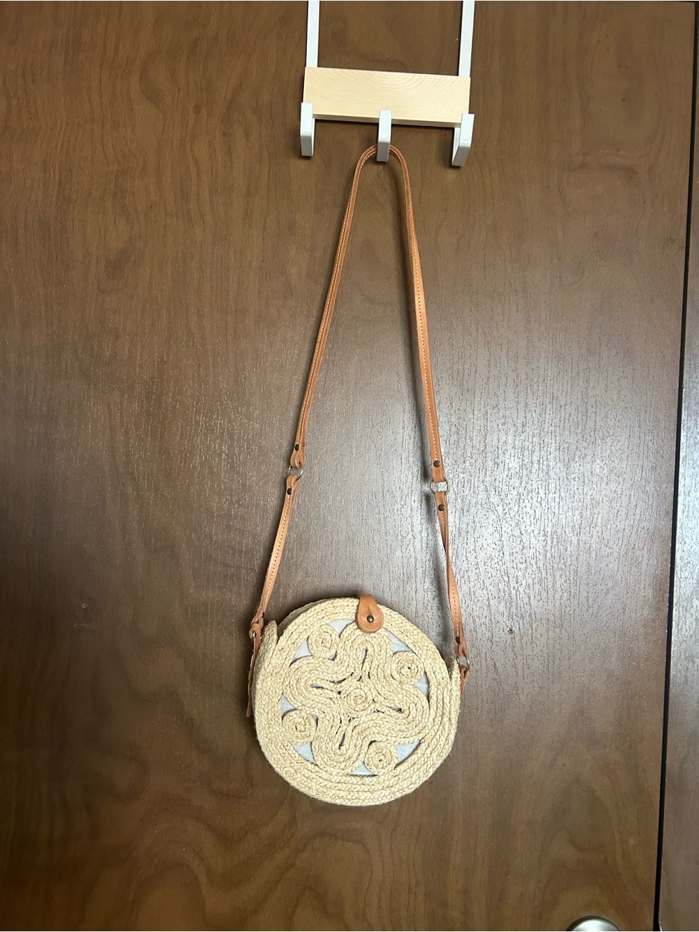 Round Braided Straw Shoulder Bag with Tan Strap